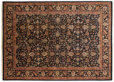 Vintage Indian Yezd carpet with an allover floral pattern on a navy blue field and terracotta border.