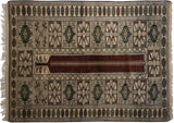 Vintage Melas rug, beige field, dark copper prayer design with scrolled buds, dusty green borders, 3' x 4'5