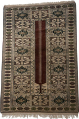 Vintage Melas rug corner, coffee brown, green wide banded border, intact fringe and selvage.
