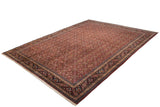 A vintage Persian Tabriz carpet seen from an angle, highlighting its allover cherry red field and complex navy blue border.