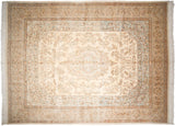 Vintage Tabriz carpet with a scalloped medallion on an ivory field, with powder blue and beige floral borders.