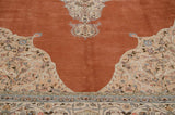 Lush terra cotta pile beside an ornate ivory spandrel with powder blue floral arabesques.