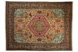 Vintage Ardebil carpet, oversize geometric medallion, birds, plants, ochre, blush, mint, 9x12.