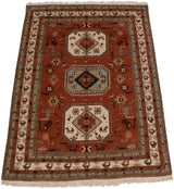 Vintage Persian Meshkin carpet seen from an angle, featuring triple medallions and a rust field.