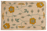 Vintage Indian Arts and Crafts carpet: ivory field, saffron yellow flowers, blue-green vinery, 6x9.