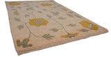 Vintage Indian Arts and Crafts rug: saffron yellow floral, ocean green blue vines, fringe.
