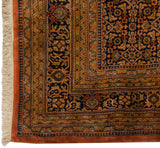 Rug corner with beige fringe, thick pile, intricate Herati motif borders in brick red, navy.