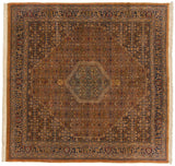 Vintage Indian Bijar carpet corner showing bronze Herati motifs and plush navy blue border.