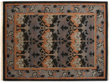 Vintage Indian William Morris design carpet featuring Arts and Crafts style black, rust, and blue floral motifs, 9x12.