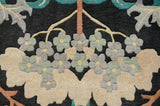 Indian William Morris design rug, arts and crafts blossoms in green, grey, and ivory tones.