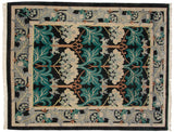 Vintage Indian William Morris carpet, charcoal black with interlaced green and ivory florals.
