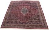 Vintage Indian Bijar square carpet with plush pile, diamond medallion, and Herati motif in dusty raspberry red.