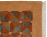 Vintage Indian Art Deco rug, geometric shape-on-shape motif in copper, silver, and beige.