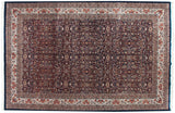 Symmetrical allover floral field and ivory rose borders of a vintage Indian Bijar design carpet.