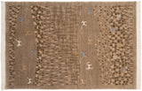 Indian folk art carpet depicting a landscape with animals and spirals in gray, beige, and pale blue.