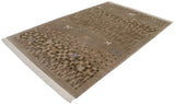 Full length angled view of a pictorial Indian folk art rug in beige and olive.