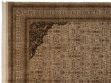 Scalloped corner spandrel with black scrolled floral arabesques.