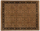 Allover floral Indian Heriz design carpet with a pale copper field and a wide navy border.