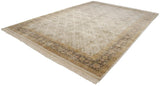 Angled profile of a large Indian Agra rug showing its dense pile and ivory floral lattice design.