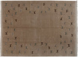 Hand-woven Indian Folk Art carpet with pictorial animal figures in beige, teal, silver, dark brown, 9x12.