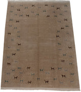 Beige Indian folk art carpet with subtle dash patterns and varied art silk animal motifs.