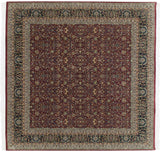 Square Indian Tabriz design carpet with a cherry red field, allover floral pattern, and navy border, 10'x10'.