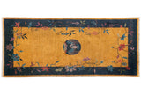 Vintage Chinese Nichols Art Deco gold rug runner, phoenix medallion, colorful floral navy border, 3x6.