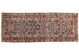 Antique Caucasian runner rug, allover serrated leaf pattern, aubergine, red, blue, 3'7