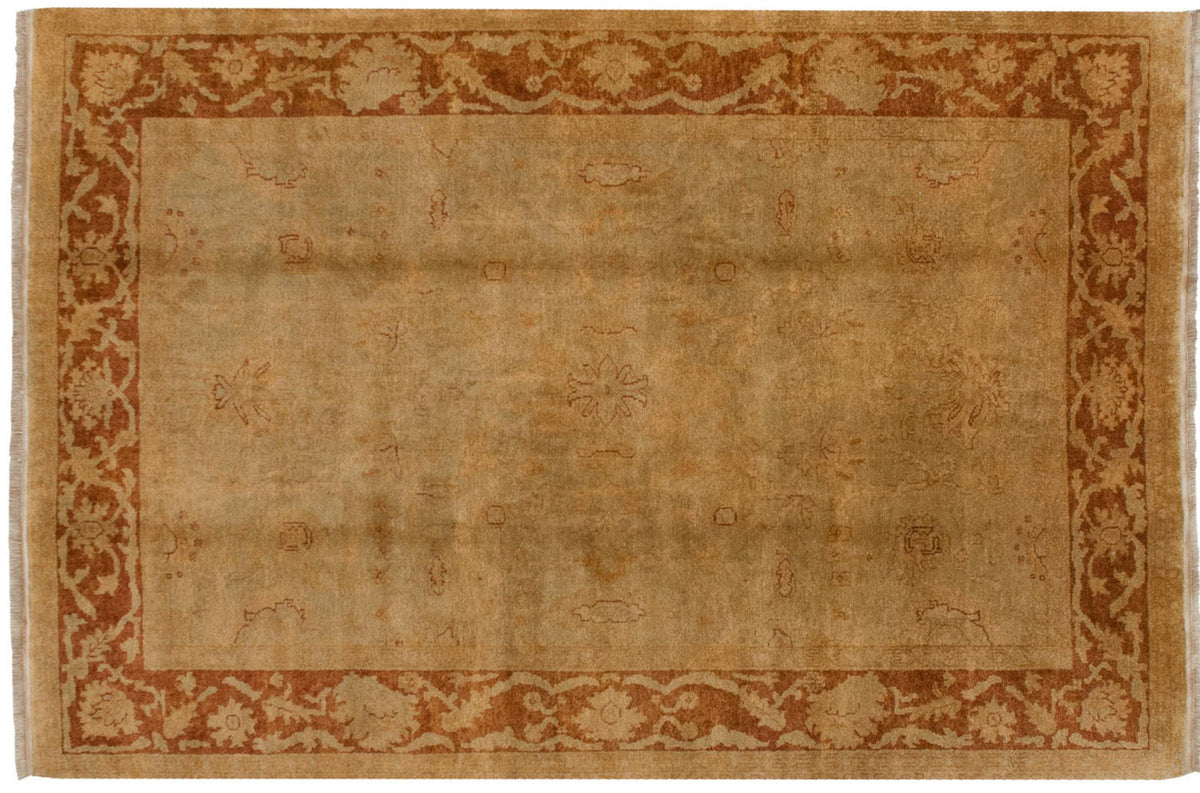 Lustrous gold wash Oushak rug with a tone-on-tone floral field and a dusty rust palmette border.