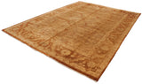 Perspective view of a gold Oushak carpet with large-scale Samovar turtle design motifs.
