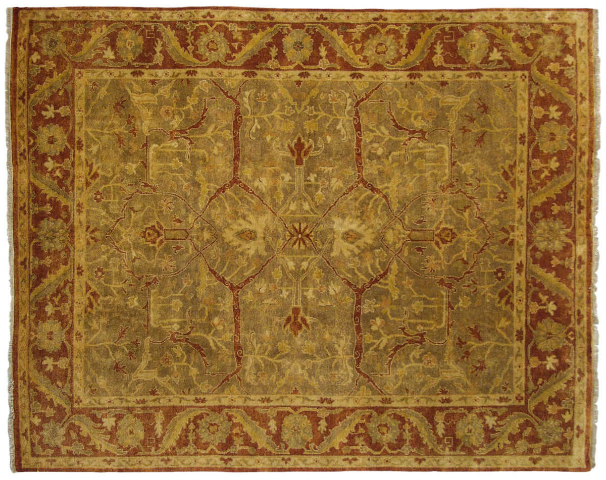 Gold wash Indian Oushak carpet with Samovar turtle arabesques in sage green and gold, framed by a rust-colored vine border.