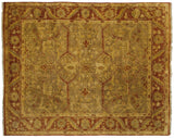 Gold wash Indian Oushak carpet with Samovar turtle arabesques in sage green and gold, framed by a rust-colored vine border.
