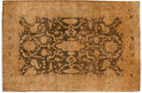 Hand knotted Indian Oushak rug with golden brown and ivory allover floral vinery design.