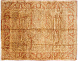 Vintage Indian Oushak rug, 8x10, sage gold with copper-rust Samovar turtle arabesques.