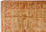 Hand-knotted Indian Oushak rug with lustrous golden field and rust serrated leaf border.