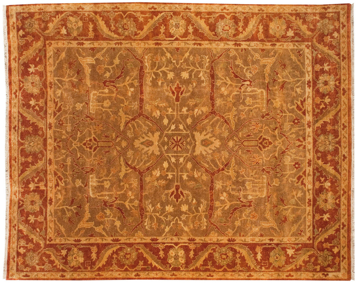 Indian Oushak carpet with an allover floral design in dusty gold-green and rust, framed by a palmette border.