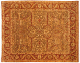 Indian Oushak carpet with an allover floral design in dusty gold-green and rust, framed by a palmette border.