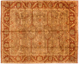 Gold wash Indian Oushak design carpet with an allover floral and vine pattern in rust, copper, and dusty green.