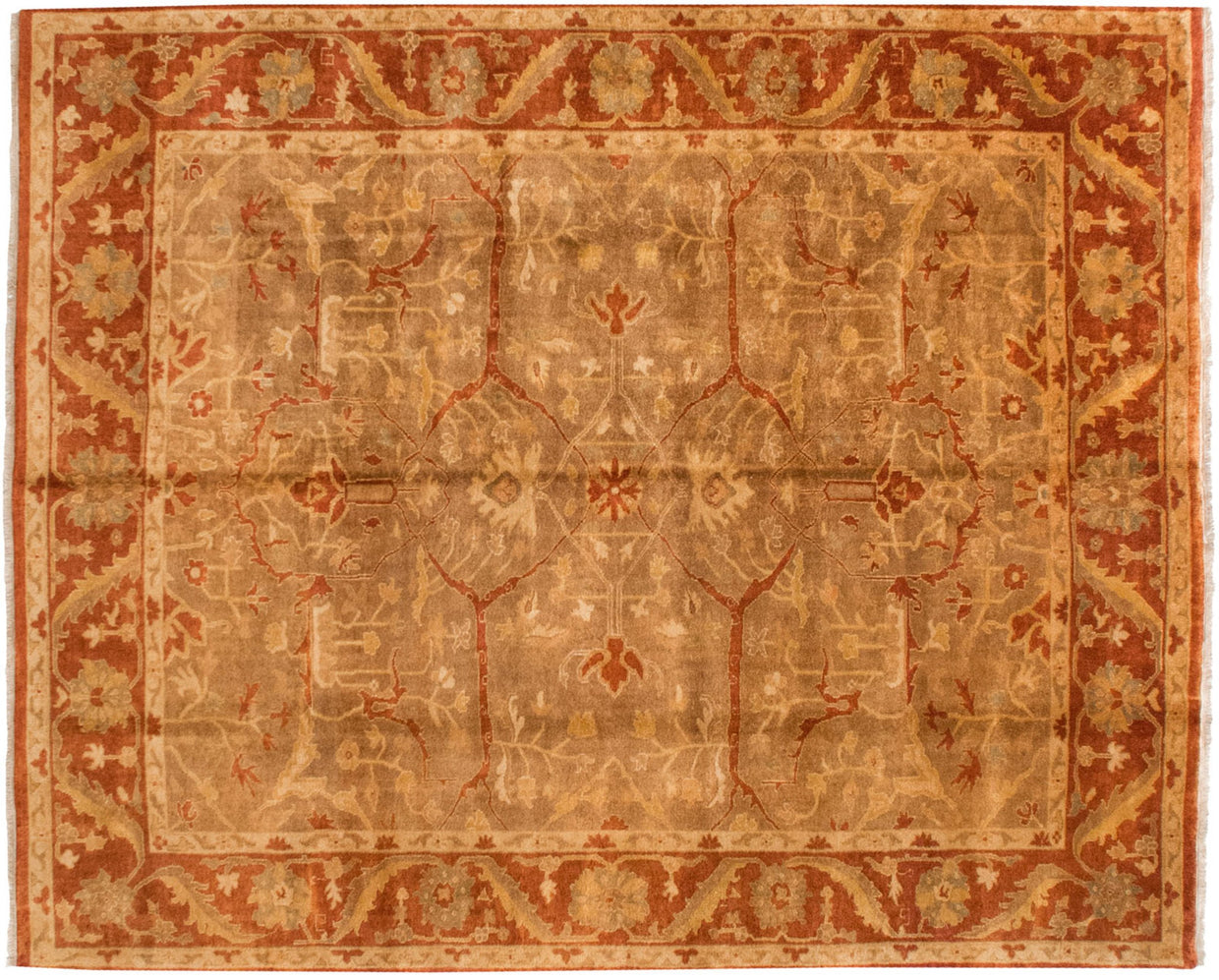 Gold wash Indian Oushak design carpet with an allover floral and vine pattern in rust, copper, and dusty green.