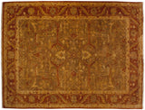 Gold wash Indian Oushak design carpet with an allover floral pattern in dusty golden olive, rust, and terracotta.