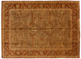 Indian Oushak design carpet with an allover floral pattern in gold, olive green, and terracotta.