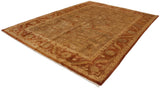 Full angled view of a gold wash Oushak carpet, highlighting its lustrous pile and floral pattern.