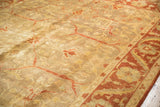 High luster and soft pile of an Indian Oushak carpet in gold, rust, and copper tones.