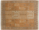 Vintage Indian Qashqai Soumac carpet with pictorial geometric design in burnt orange, beige, gray. 8x10.