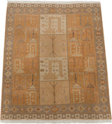 Distressed hand-knotted panel details with stylized pictorial motifs in pale orange, beige.