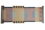 Vintage Contemporary Indian Kilim runner, abstract with halved roundel medallions, block colors, and unique shape.