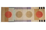 Vintage Contemporary Kilim runner, abstract geometric design with four circles, rust red, beige, blue, lilac.