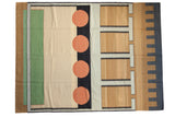Vintage Contemporary Kilim carpet with abstract geometric circles, sand, emerald, and charcoal.