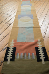 Kilim runner detail showing layered abstract geometric forms in madder red, black, and blue.