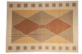 Modern geometric Argyle Kilim carpet in copper, beige, gold diamond pattern. 6'6
